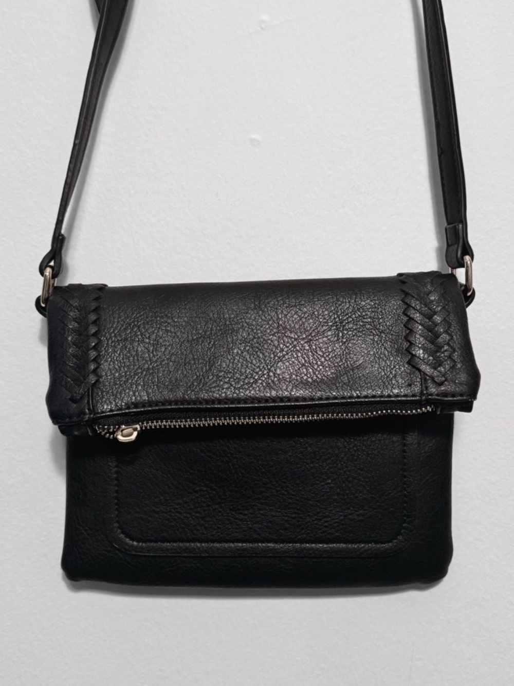 Black Faux Leather Foldover Crossbody Bag Leopard Lining